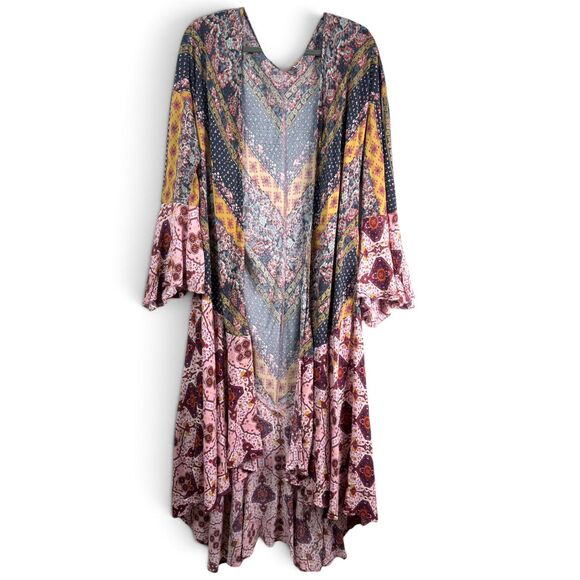 wild at heart Tops - boho patchwork floral duster xl bell sleeve ruffle kimono cardigan pink navy rus